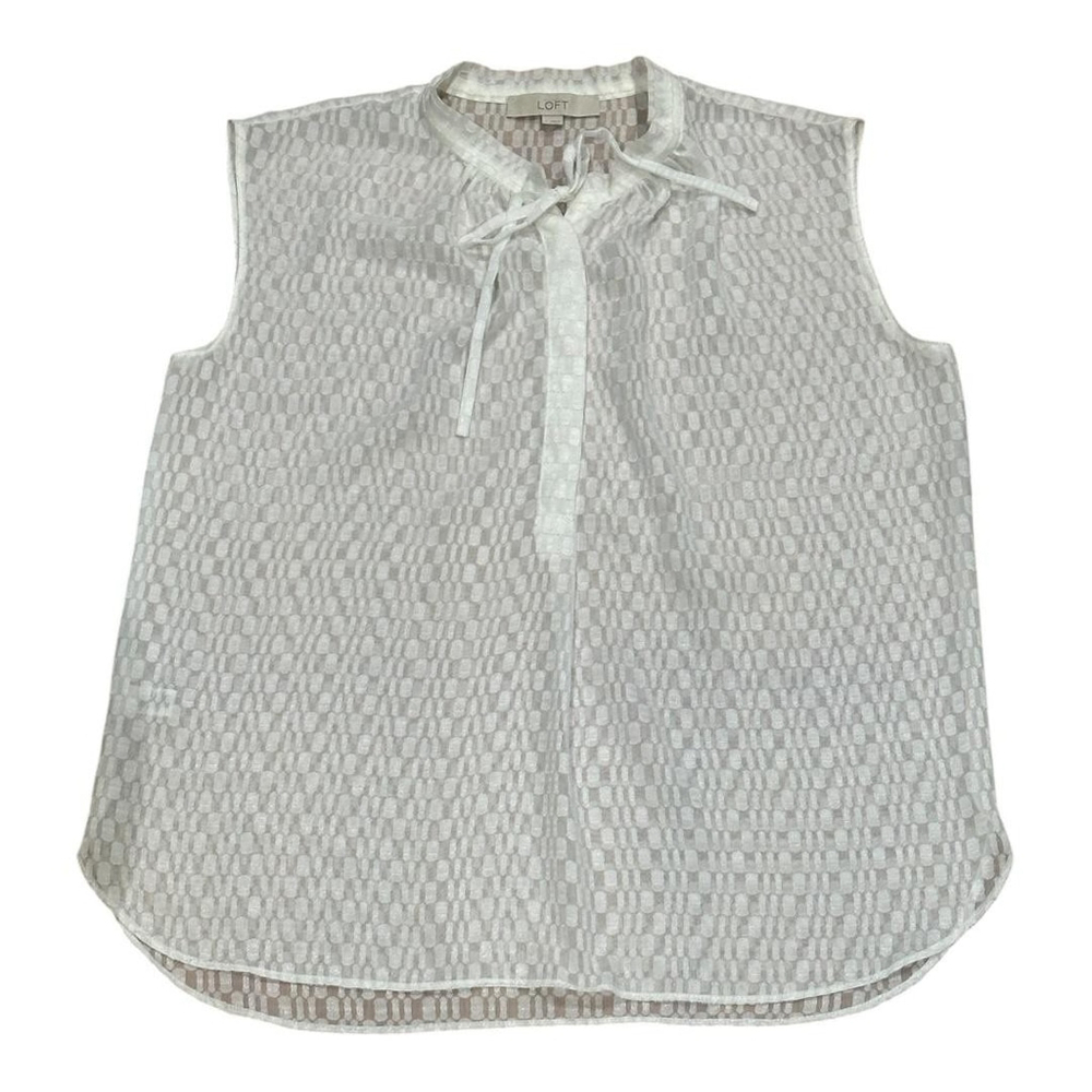 Loft Sleeveless Shirt Womens Medium White Tie Neck Sheer Jacquard Blouse